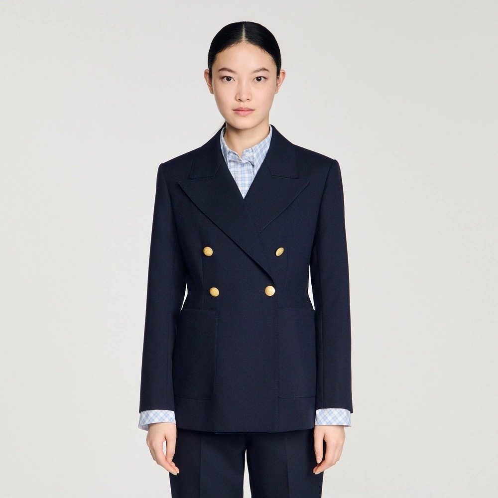 Sandro Blazer Lesia Double Breasted Fr 34 / US 2  Navy Gold Button MSRP $645